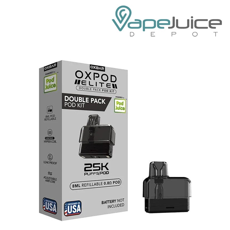 A Box of OXBAR x Pod Juice OXPOD Elite Replacement Pods and a 0.8ohm pod next to it - Vape Juicce Depot