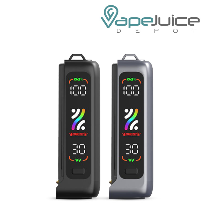 Two OXBAR x Pod Juice SVOPP Battery Devices next to each other showing their digital screens - Vape Juice Depot