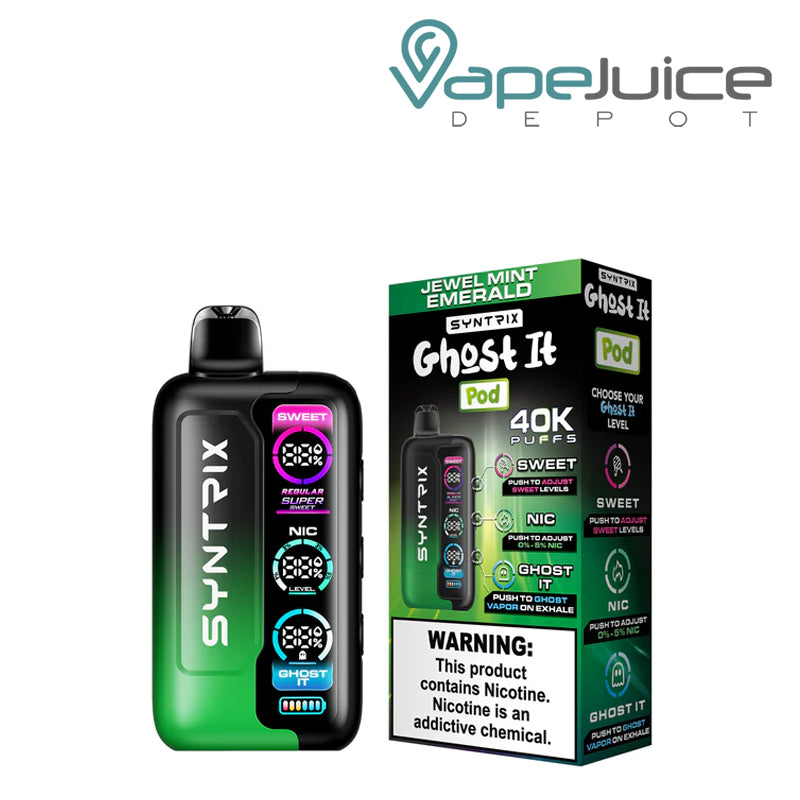 Jewel Mint Emerald OXBAR SYNTRIX Ghost It 40K Disposable and a box with a warning sign next to it - Vape Juice Depot
