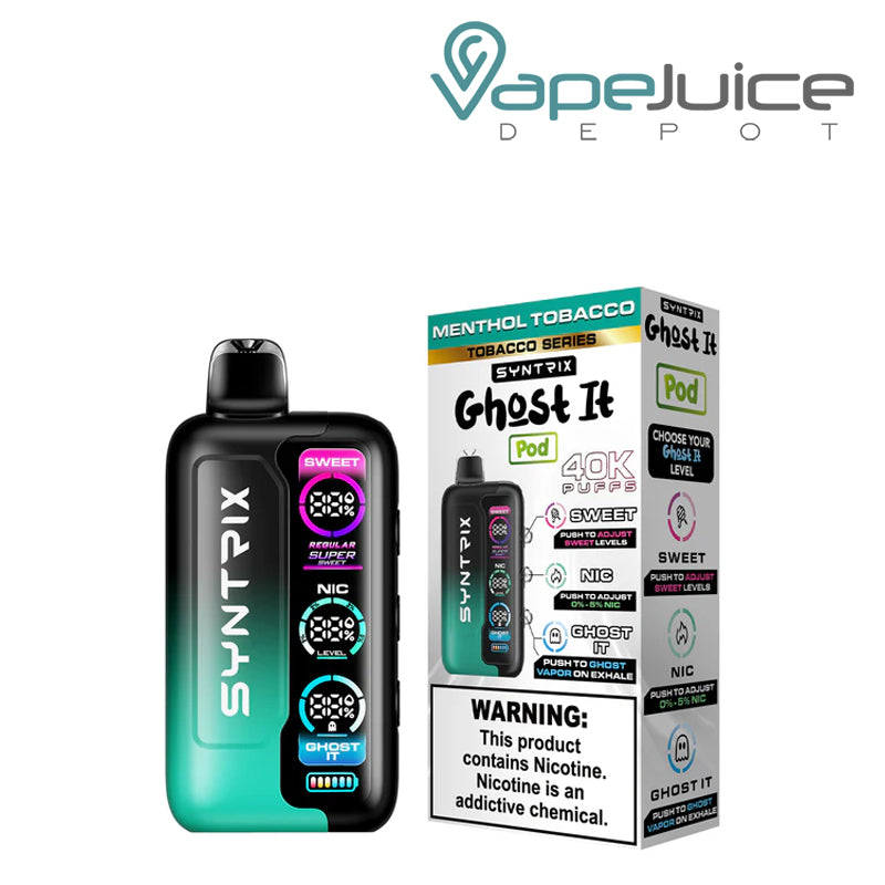 Menthol Tobacco OXBAR SYNTRIX Ghost It 40K Disposable and a box with a warning sign next to it - Vape Juice Depot