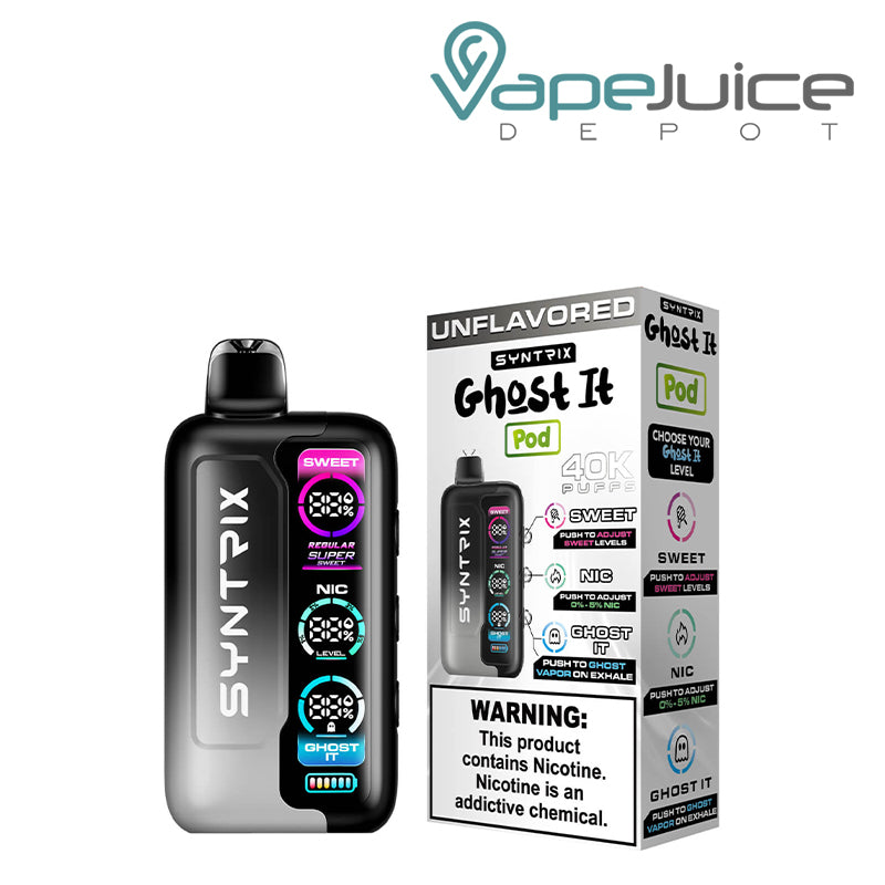 Unflavored OXBAR SYNTRIX Ghost It 40K Disposable and a box with a warning sign next to it - Vape Juice Depot