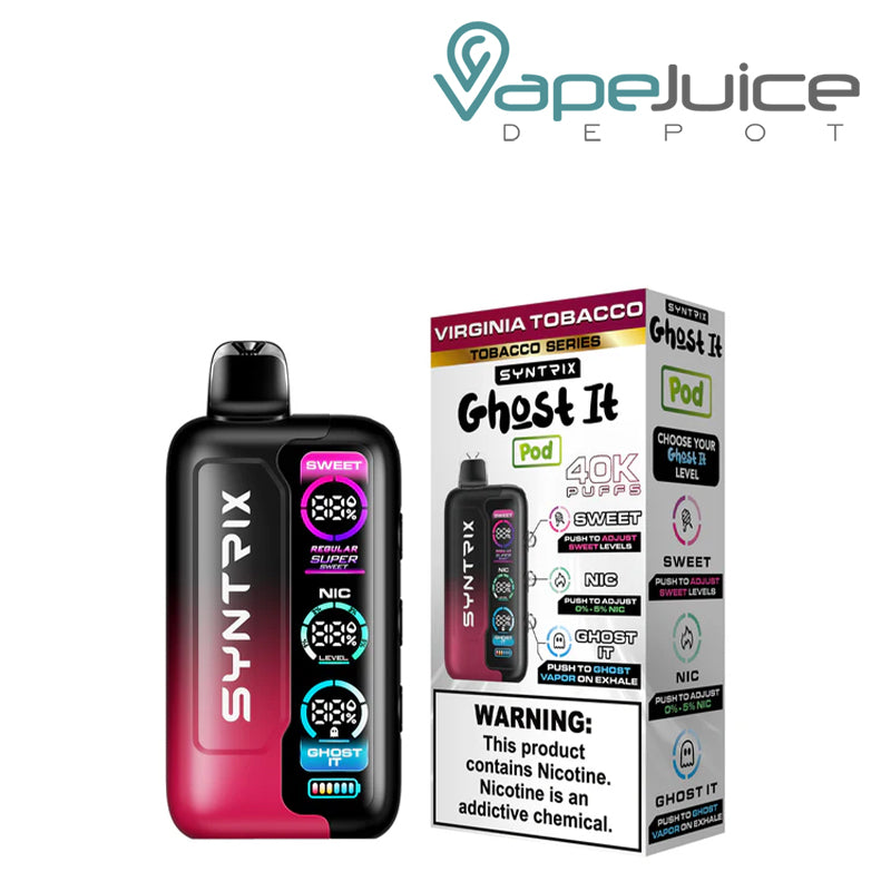 Virginia Tobacco OXBAR SYNTRIX Ghost It 40K Disposable and a box with a warning sign next to it - Vape Juice Depot