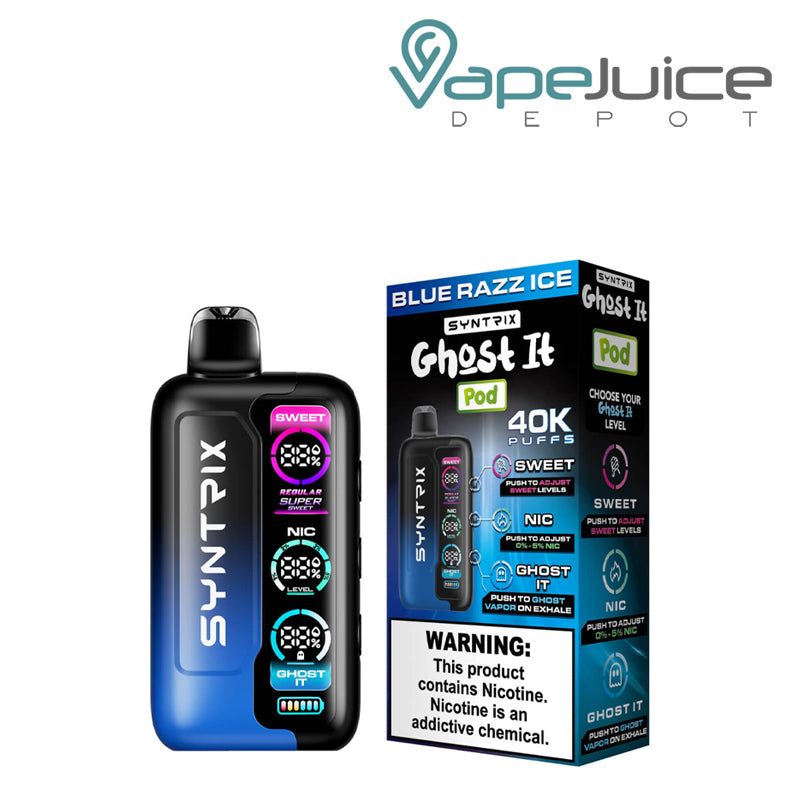 Blue Razz Ice OXBAR SYNTRIX Ghost It 40K Disposable and a box with a warning sign next to it - Vape Juice Depot