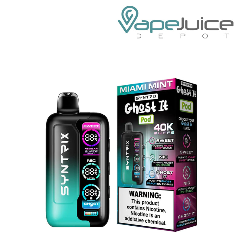 Miami Mint OXBAR SYNTRIX Ghost It 40K Disposable and a box with a warning sign next to it - Vape Juice Depot