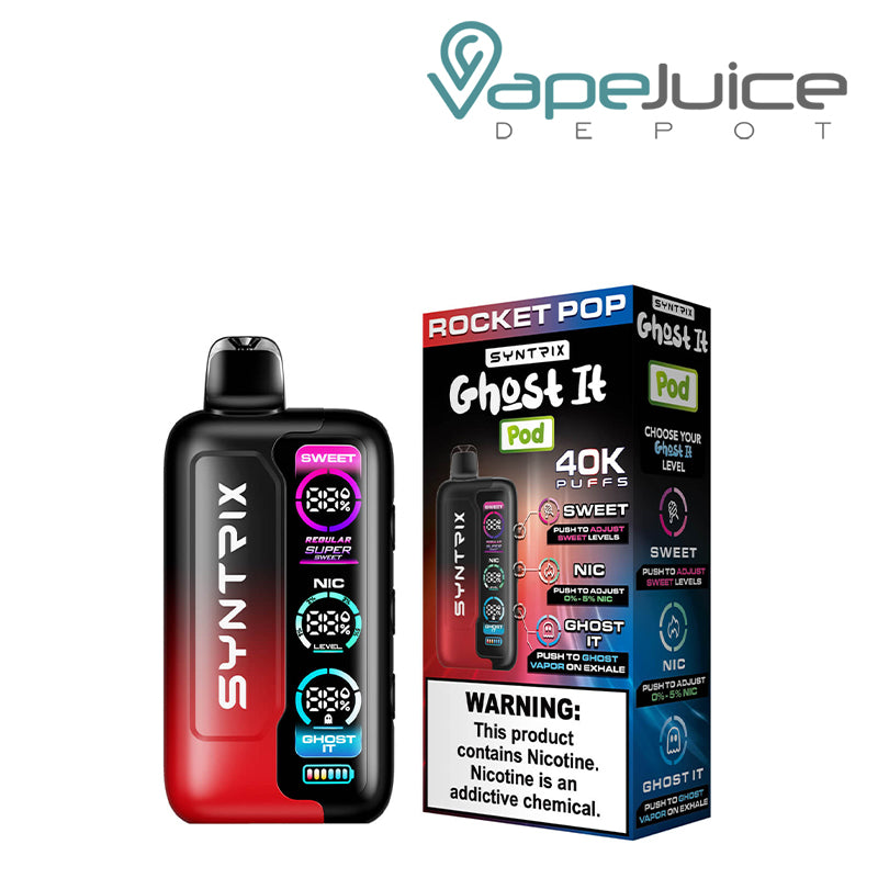 Rocket Pop OXBAR SYNTRIX Ghost It 40K Disposable and a box with a warning sign next to it - Vape Juice Depot