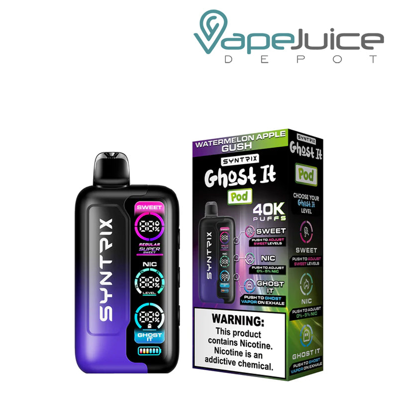 Watermelon Apple Gush OXBAR SYNTRIX Ghost It 40K Disposable and a box with a warning sign next to it - Vape Juice Depot