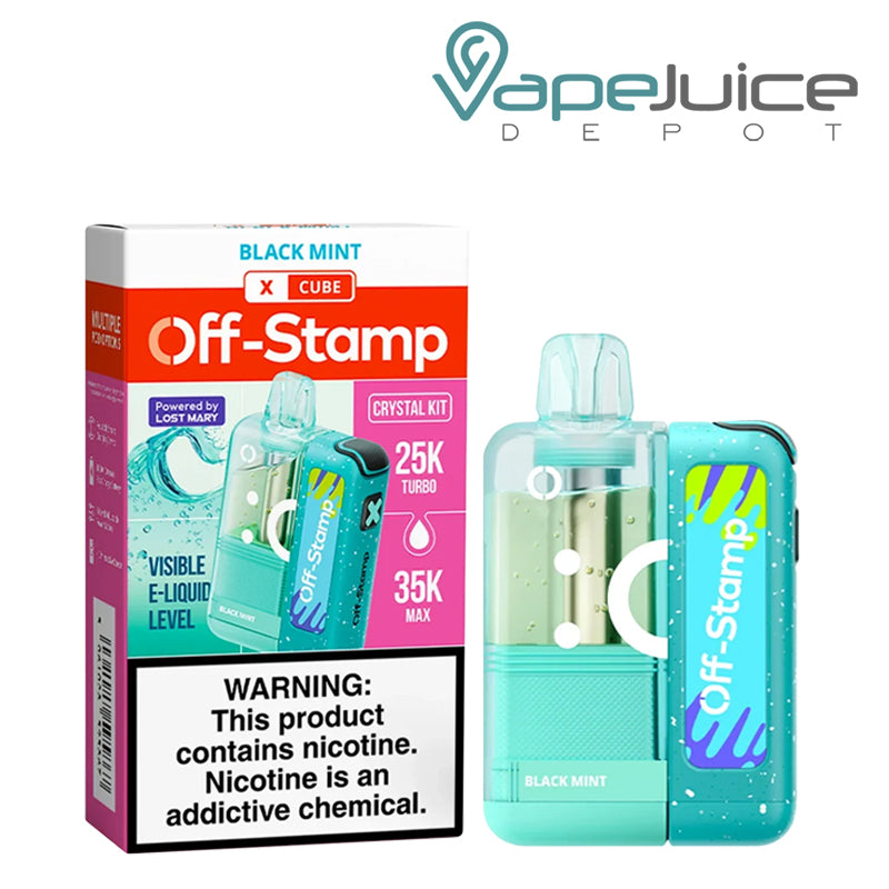 Black Mint Off-Stamp X Cube Crystal Kit disposable vape with packaging and device shown on a white background.