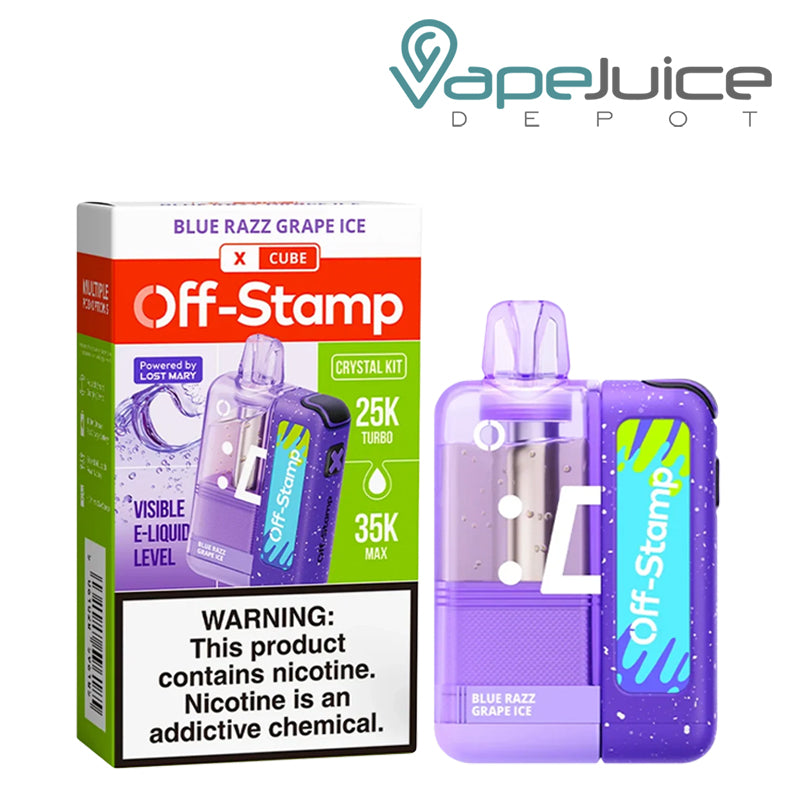 Blue Razz Grape Ice Off-Stamp X Cube Crystal Kit disposable vape with packaging and purple device on a clean white background
