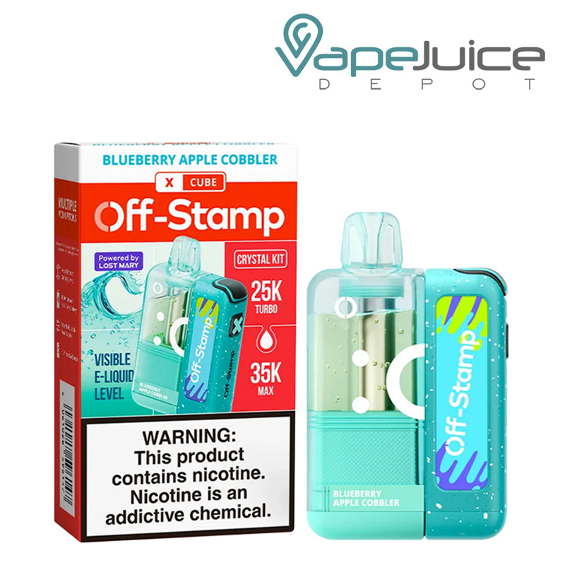 Blueberry Apple Cobbler Off-Stamp X Cube Crystal Kit disposable vape with teal device and box displayed on a white background.