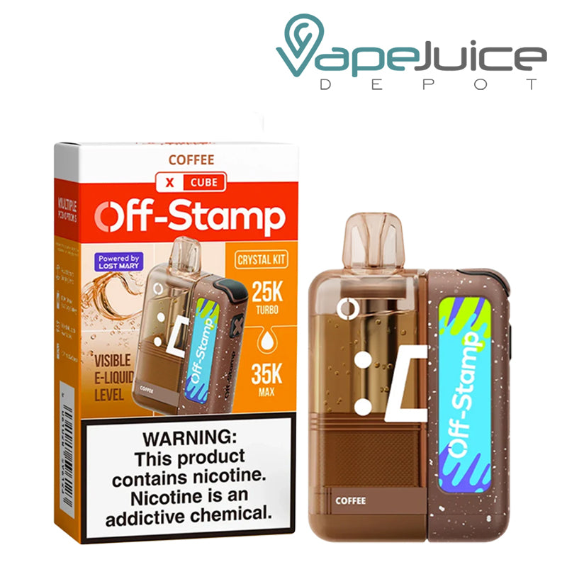 Coffee Off-Stamp X Cube Crystal Kit disposable vape with packaging and brown device side by side on a white background