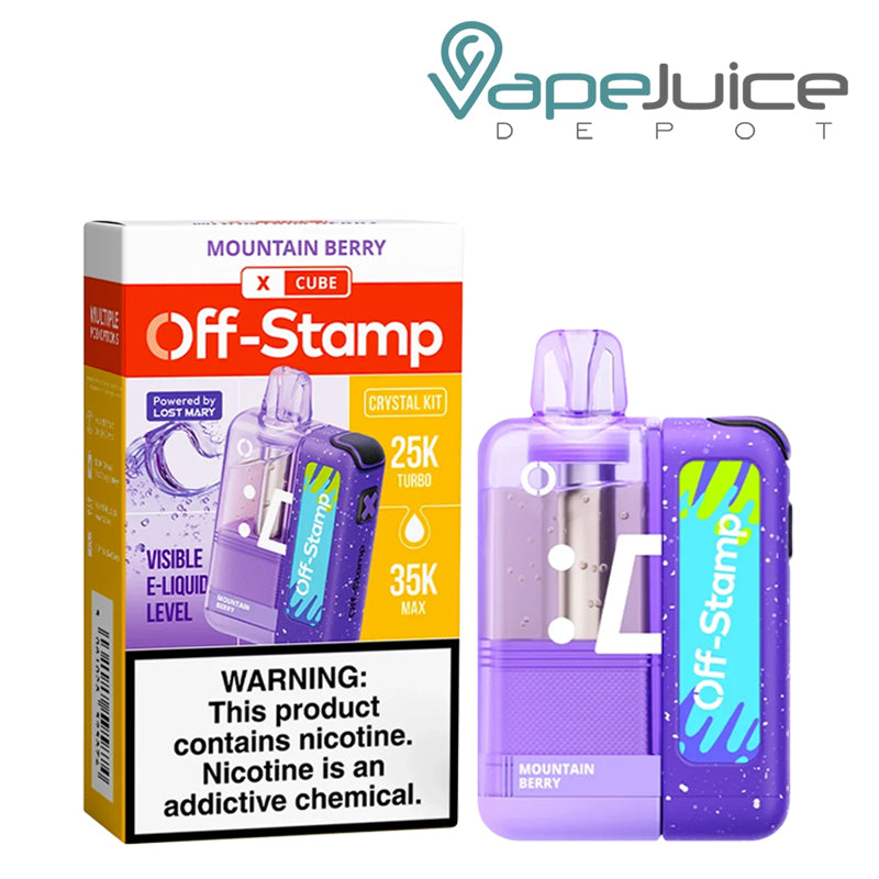 Mountain Berry Off-Stamp X Cube Crystal Kit disposable vape with purple device and box shown on a clean white background.