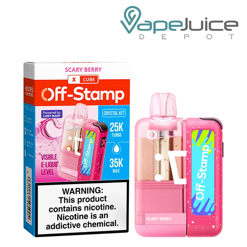 Scary Berry Off-Stamp X Cube Crystal Kit disposable vape with pink device and packaging displayed on a clean white background.