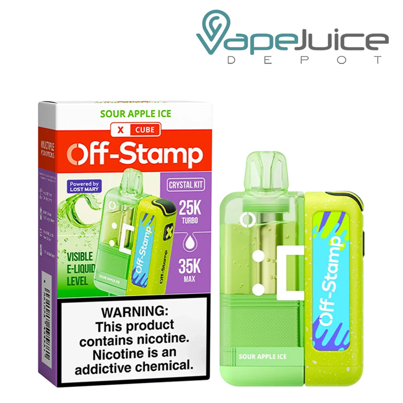 Sour Apple Ice Off-Stamp X Cube Crystal Kit disposable vape with green device and packaging displayed on a clean white background.