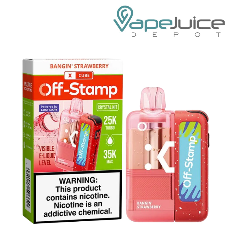 A Bangin’ Strawberry Off-Stamp X Crystal Cube 35K Disposable Kit with a visible e-liquid window, side airflow design, and matching box packaging with nicotine warning – Vape Juice Depot
