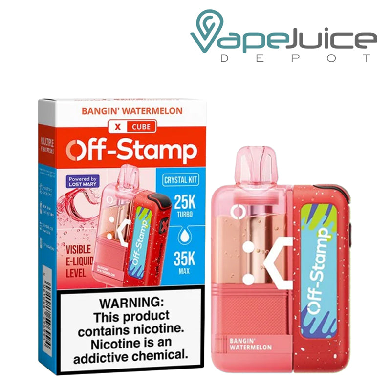 A Bangin’ Watermelon Off-Stamp X Crystal Cube 35K Disposable Kit with a visible e-liquid window, side airflow design, and matching box packaging with nicotine warning - Vape Juice Depot