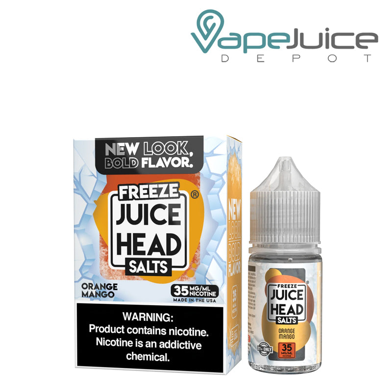 A Box of Orange Mango Freeze ZTN Salts Juice Head with a warning sign and a 30ml bottle next to it - Vape Juice Depot