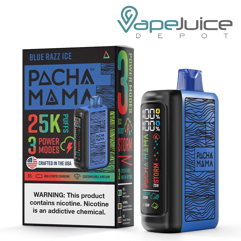 A Box of Blue Razz Ice Pachamama 25K Disposable with a warning sign and a device with LED screen next to it - Vape Juice Depot