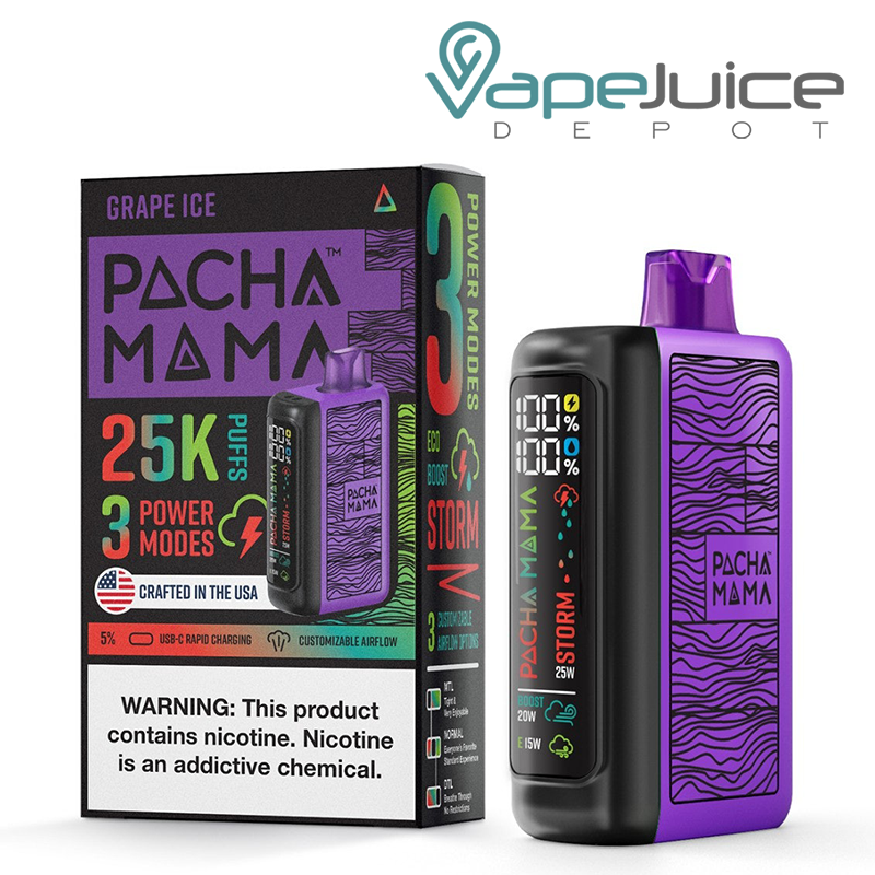 A Box of Grape Ice Pachamama 25K Disposable with a warning sign and a device with LED screen next to it - Vape Juice Depot