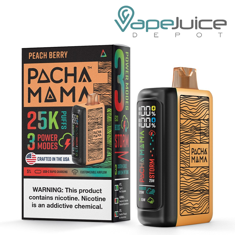 A Box of Peach Berry Pachamama 25K Disposable with a warning sign and a device with LED screen next to it - Vape Juice Depot