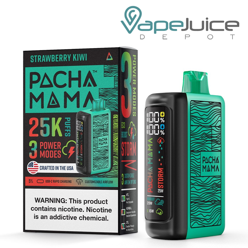 A Box of Strawberry Kiwi Pachamama 25K Disposable with a warning sign and a device with LED screen next to it - Vape Juice Depot