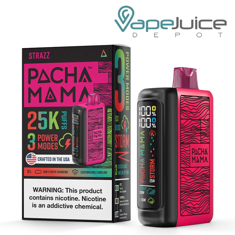 A Box of Strazz Pachamama 25K Disposable with a warning sign and a device with LED screen next to it - Vape Juice Depot