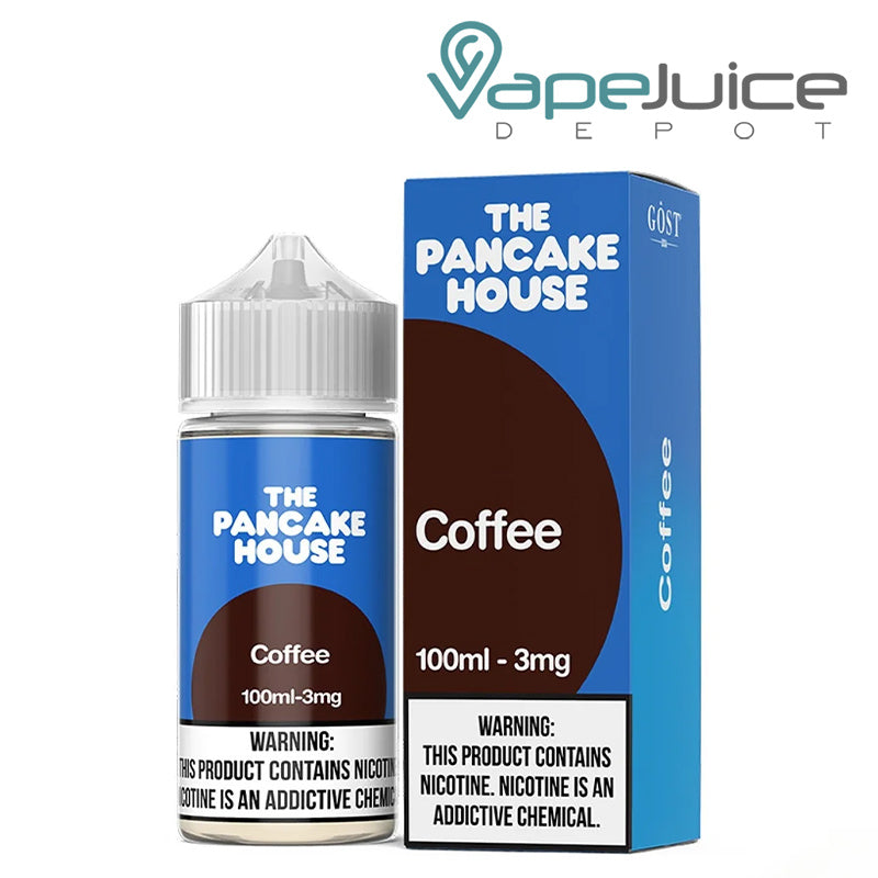 A 100ml bottle of Coffee The Pancake House and a box with a warning sign next to it - Vape Juice Depot