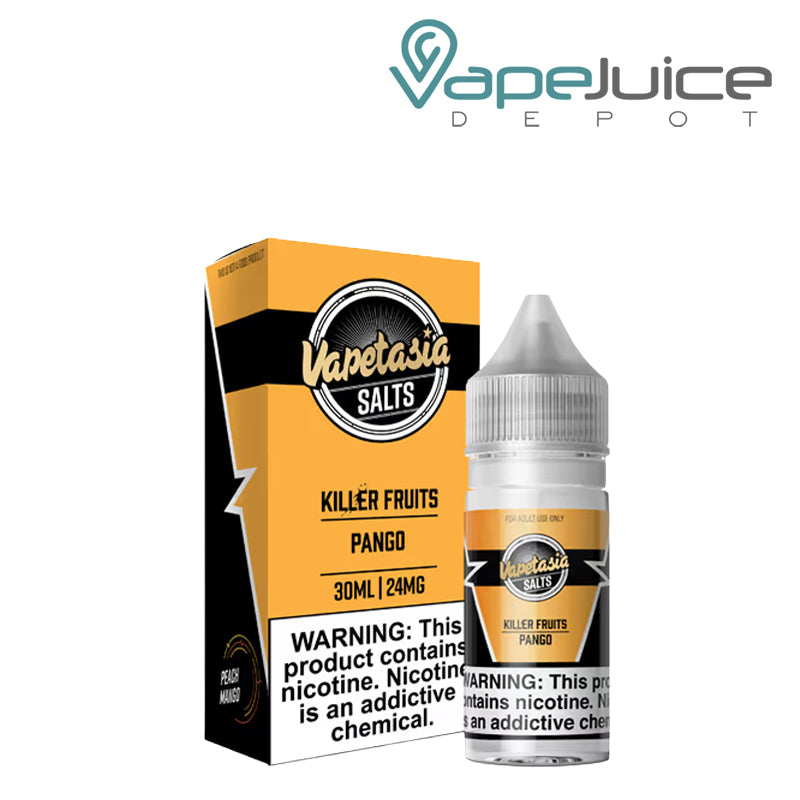 A Box of Pango Vapetasia Salts with a warning sign and a 30ml bottle next to it - Vape Juice Depot