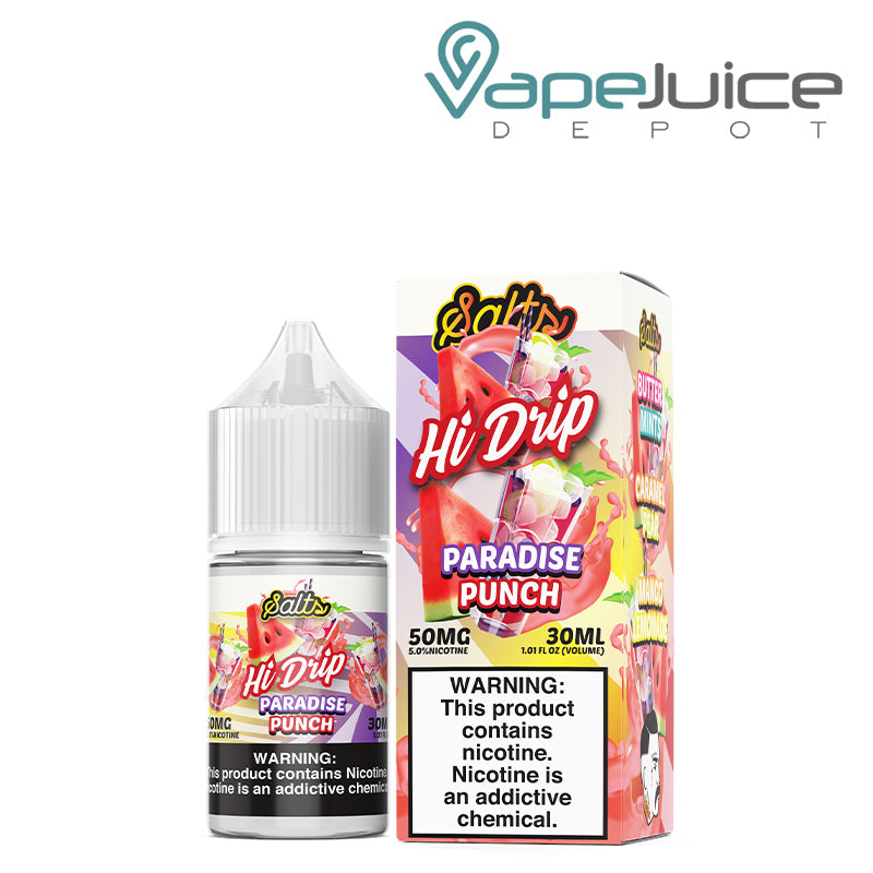 A 30ml bottle of 50mg Paradise Punch Hi Drip Salts and a box with a warning sign next to it - Vape Juice Depot