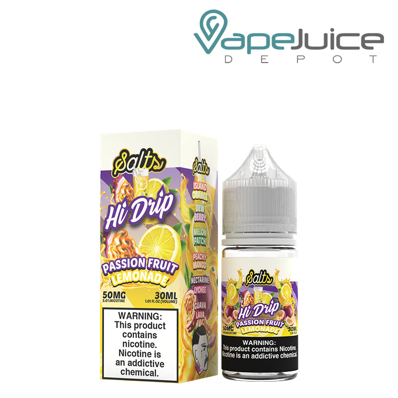 A box of Passion Fruit Lemonade Hi Drip Salts with a warning sign and a 30ml bottle next to it - Vape Juice Depot