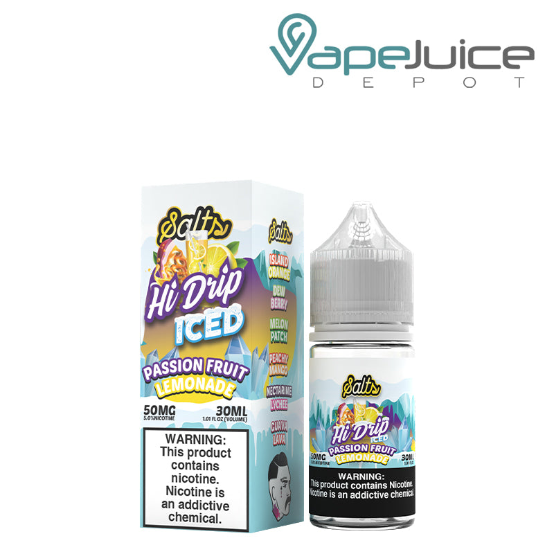 A box of Passion Fruit Lemonade ICED Hi Drip Salts 50mg with a warning sign and a 30ml bottle next to it - Vape Juice Depot