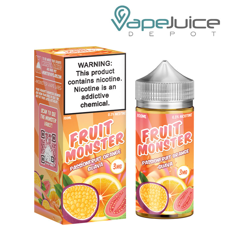 A box of Passionfruit Orange Guava Fruit Monster with a warning sign and a 100ml bottle next to it - Vape Juice Depot