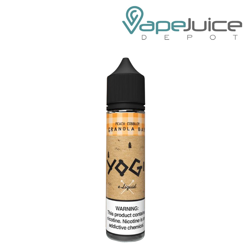 A 60ml bottle of Peach Cobbler Granola Bar YOGI eLiquid with a warning sign - Vape Juice Depot