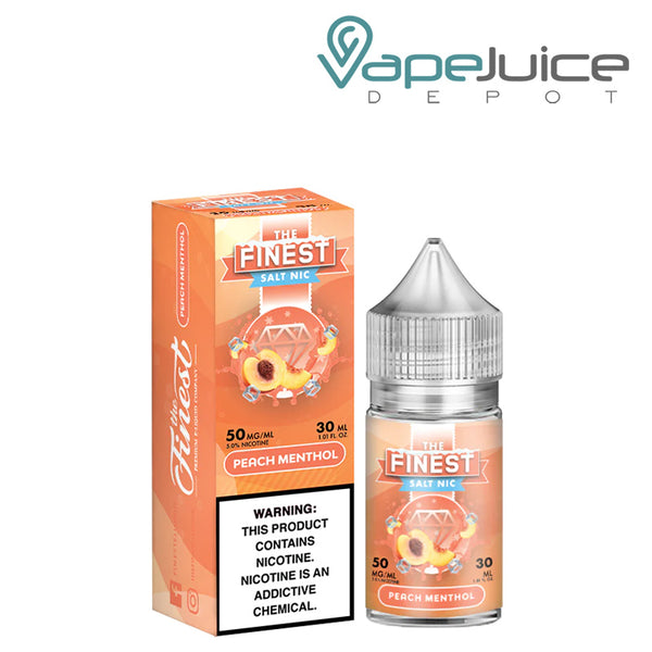 A box of Peach Menthol Finest SaltNic Series with a warning sign and a 30ml bottle next to it - Vape Juice Depot