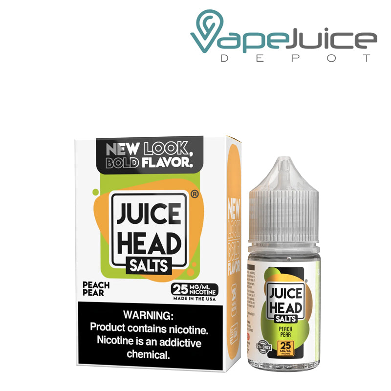 A Box of Peach Pear Salts Juice Head with a warning sign and a 30ml bottle next to it - Vape Juice Depot