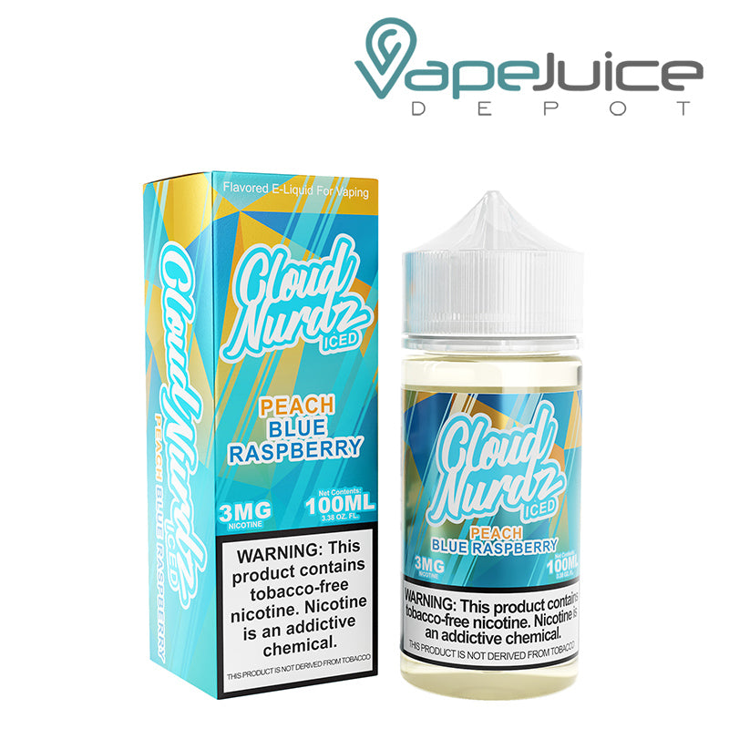 A box of ICED Peach Blue Razz TFN Cloud Nurdz with a warning sign and a 100ml bottle next to it - Vape Juice Depot