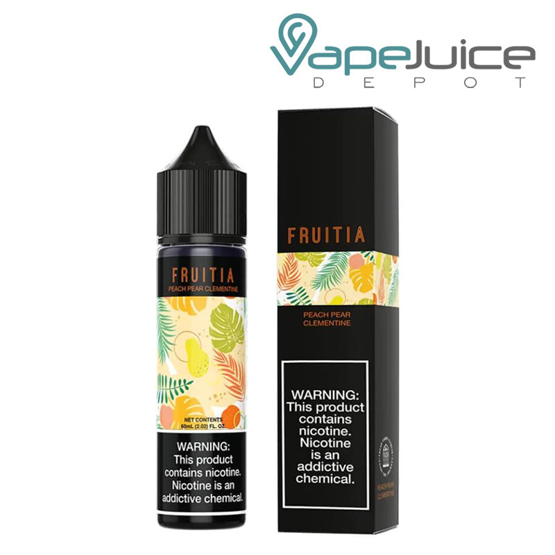 A 60ml bottle of Peach Pear Clementine Fruitia Fresh Farms with a warning sign and a box next to it - Vape Juice Depot