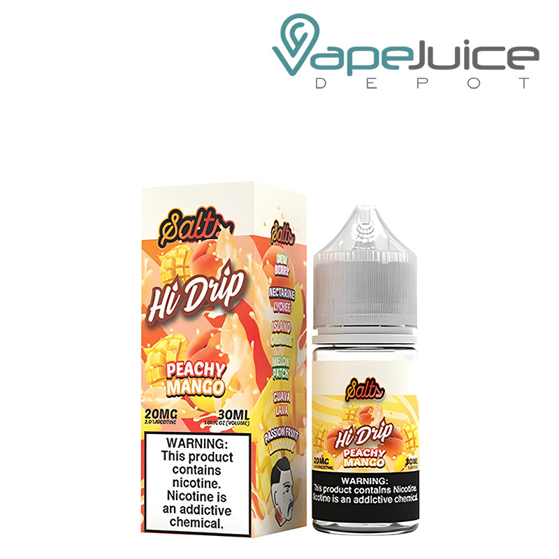 A box of 20mg Peachy Mango Hi-Drip Salts and a 30ml bottle with a warning sign next to it - Vape Juice Depot
