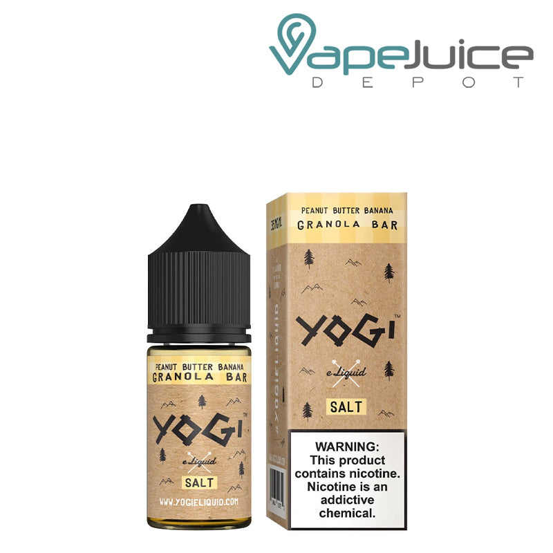 A 30ml bottle of Peanut Butter Banana Granola Bar YOGI Salts and a box with a warning sign next to it - Vape Juice Depot