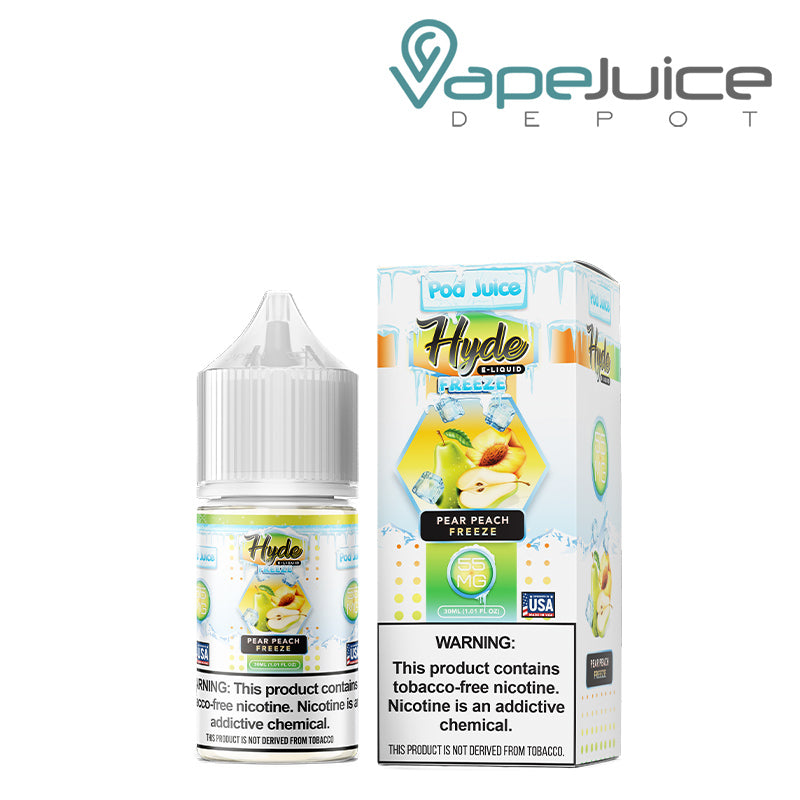 A 30ml bottle of Pear Peach Freeze Hyde Pod Juice TFN Salt and a box with a warning sign next to it - Vape Juice Depot