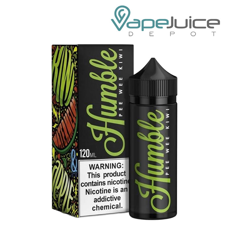 A Box of Pee Wee Kiwi Humble eLiquid with a warning sign and a 120ml bottle next to it - Vape Juice Depot