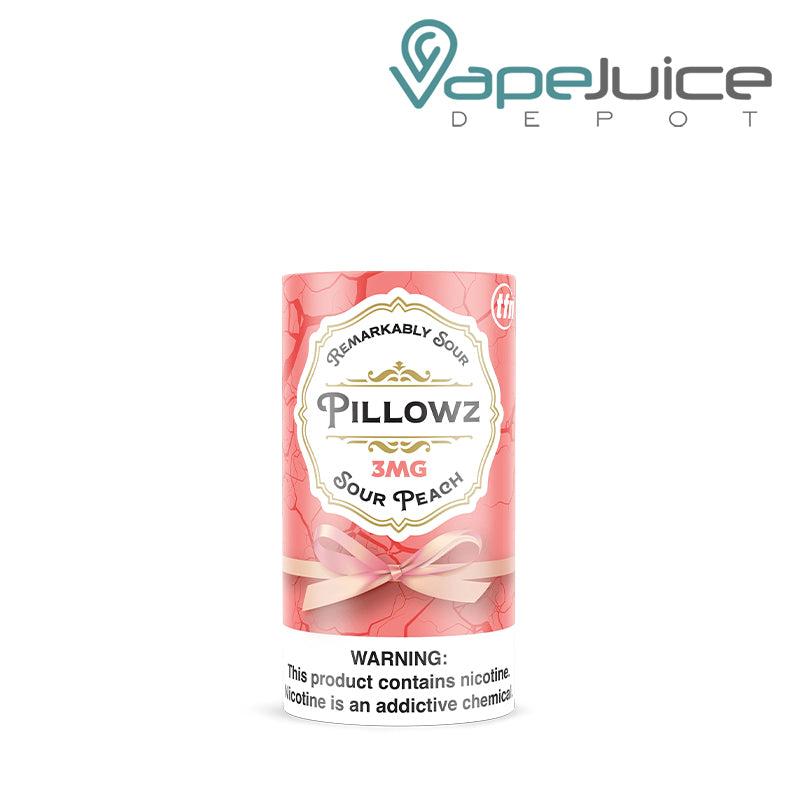 Five Pack of Pillowz Pouches Sour Peach with a warning sign - Vape Juice Depot