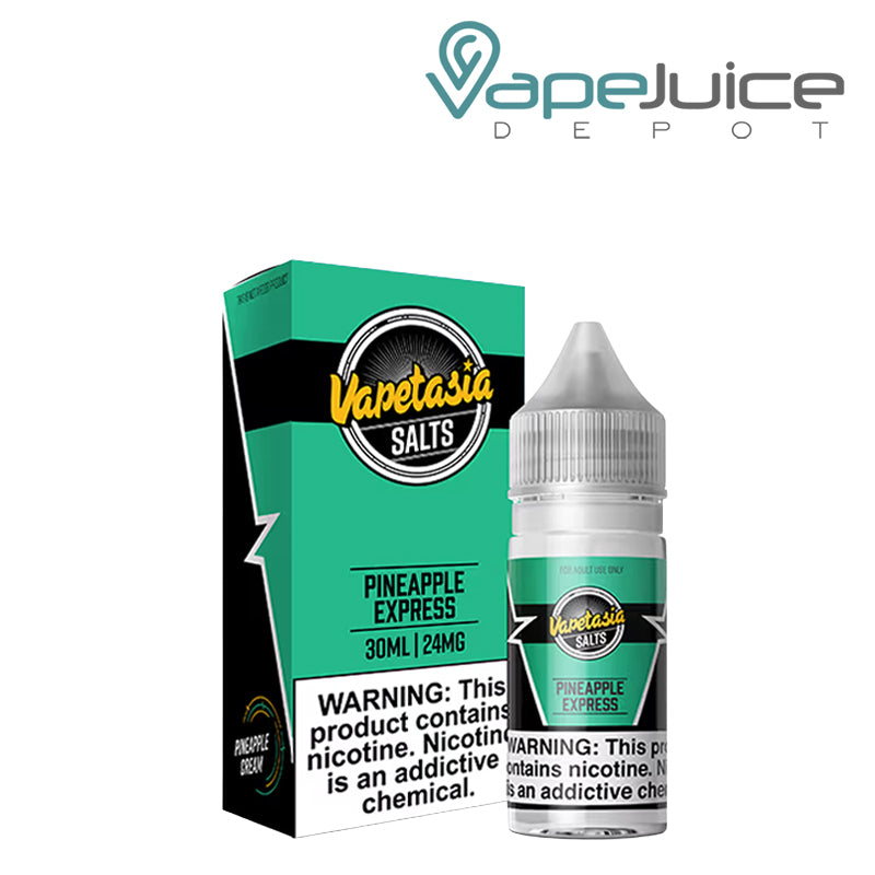 A box of Pineapple Express Vapetasia Salts with a warning sign and a 30ml bottle next to it - Vape Juice Depot