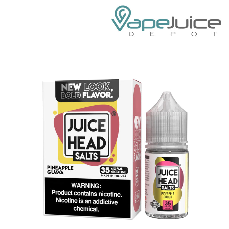 A Box of Pineapple Guava Salts Juice Head with a warning sign and a 30ml bottle next to it - Vape Juice Depot