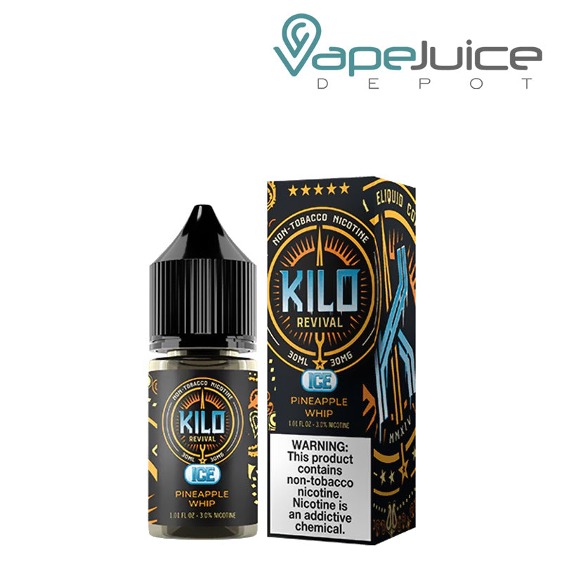 A 30ml bottle of Pineapple Whip Ice Kilo Revival TFN Salt and a box with a warning sign next to it - Vape Juice Depot