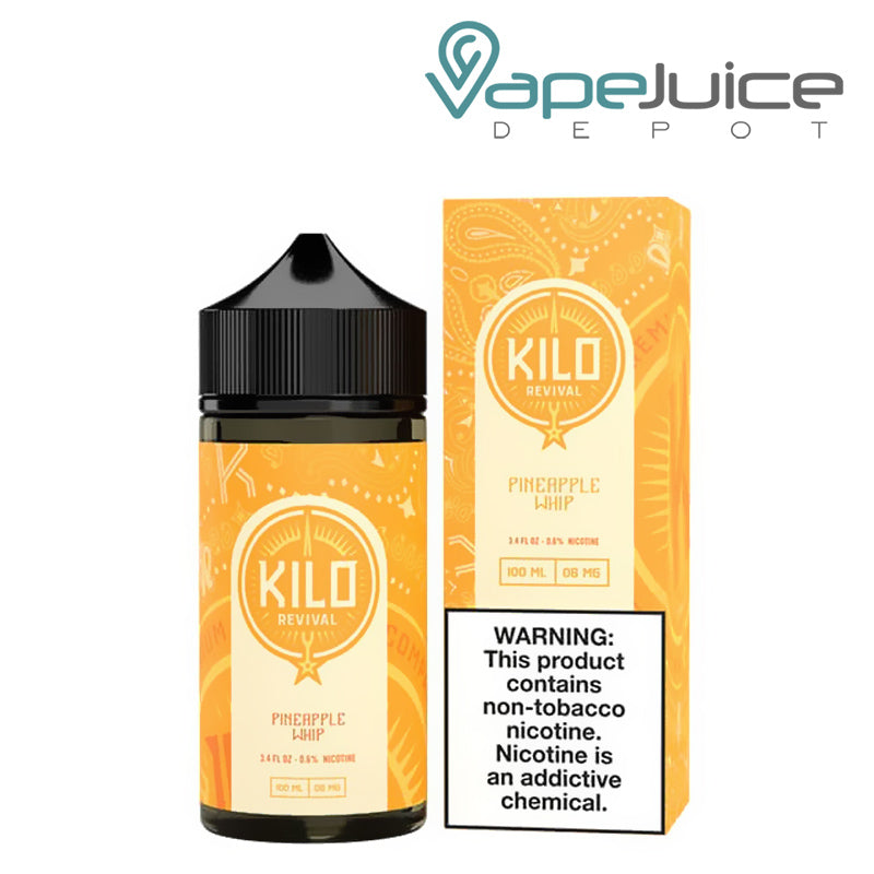 A 100ml bottle of Pineapple Whip Kilo Revival TFN eLiquid and a box with a warning sign next to it - Vape Juice Depot