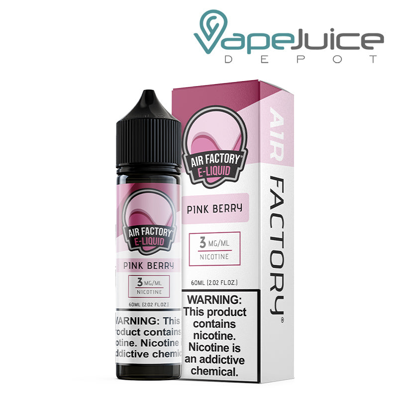 A 60ml bottle of Pink Berry Air Factory eLiquid and a box with a warning sign next to it - Vape Juice Depot