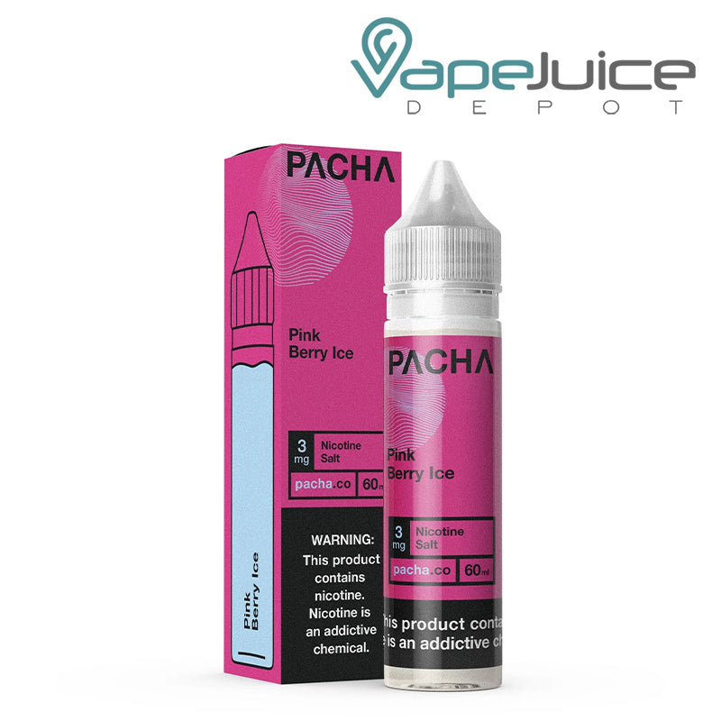 A box of Pink Berry Ice PachaMama eLiquid with a warning sign and a 60ml bottle next to it - Vape Juice Depot