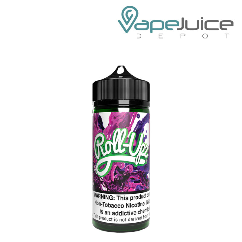 A 100ml bottle of Pink Berry Juice Roll Upz with a warning sign - Vape Juice Depot