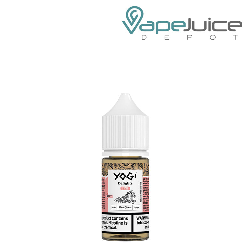 A 30ml bottle of Pink Guava Ice Salts YOGI Delights with a warning sign - Vape Juice Depot