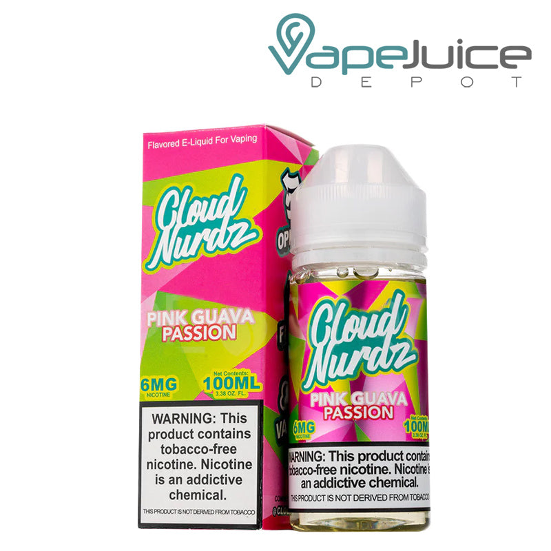 A Box of Pink Guava Passion TFN Cloud Nurdz with a warning sign and a 100ml bottle next to it - Vape Juice Depot